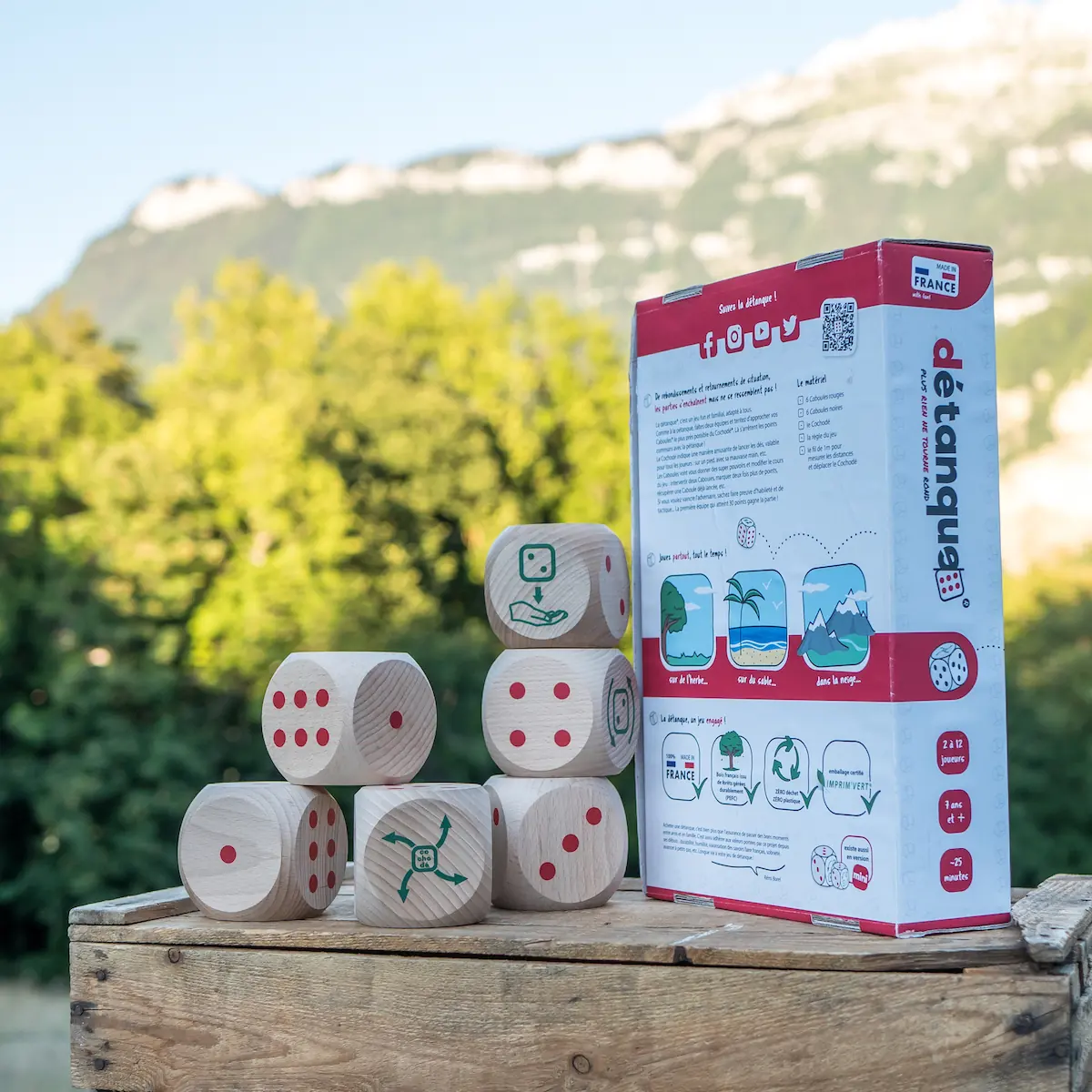 La détanque grand modèle, sa boîte et ses Caboules empilées face aux montagnes
